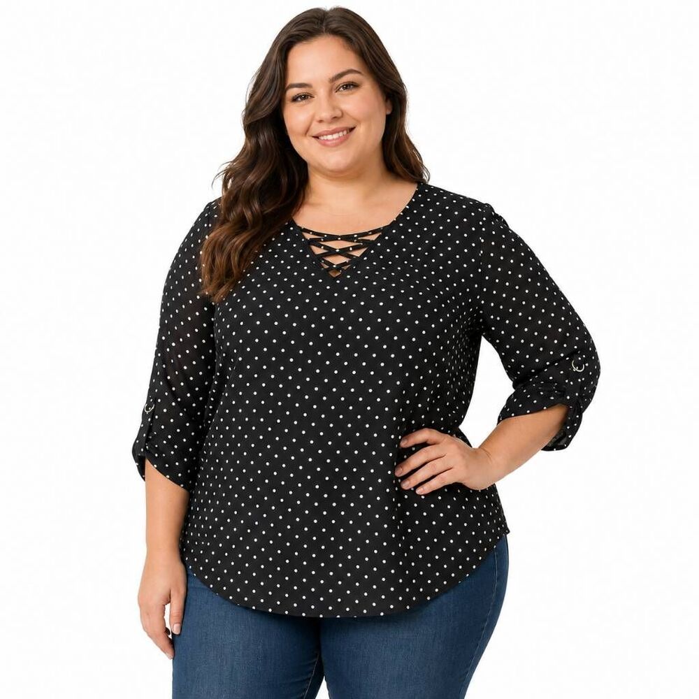 Maurices L Black Polka Dot Lace Up Blouse